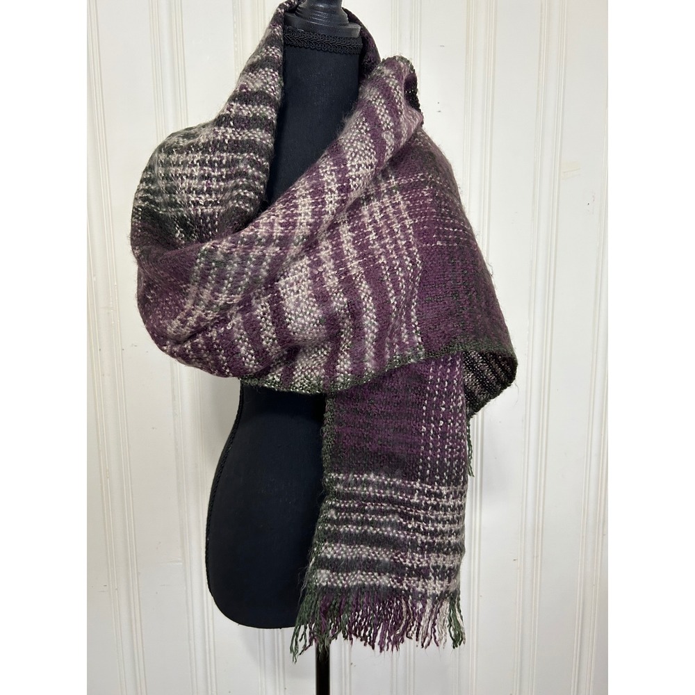 J. Jill Purple Green Plaid Mohair Wool Blend Fringed Wrap Scarf Shawl Fall Jewel